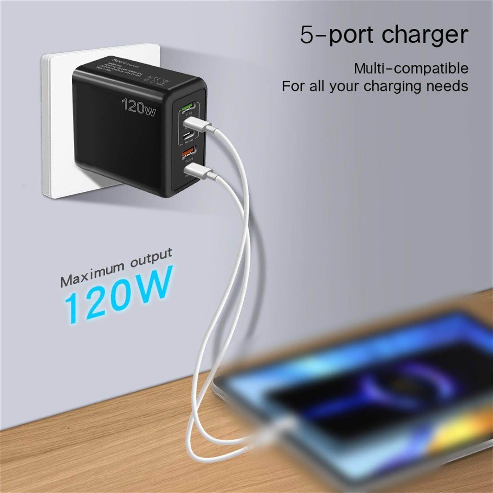 Eudgs 120W Fast Charger With 5 Ports 3PD+2USB Multiport Charger Block