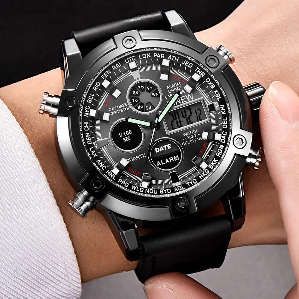 Luxury Dual Movt Men's Leather Quarz Analog Digital LED Sport Wrist
