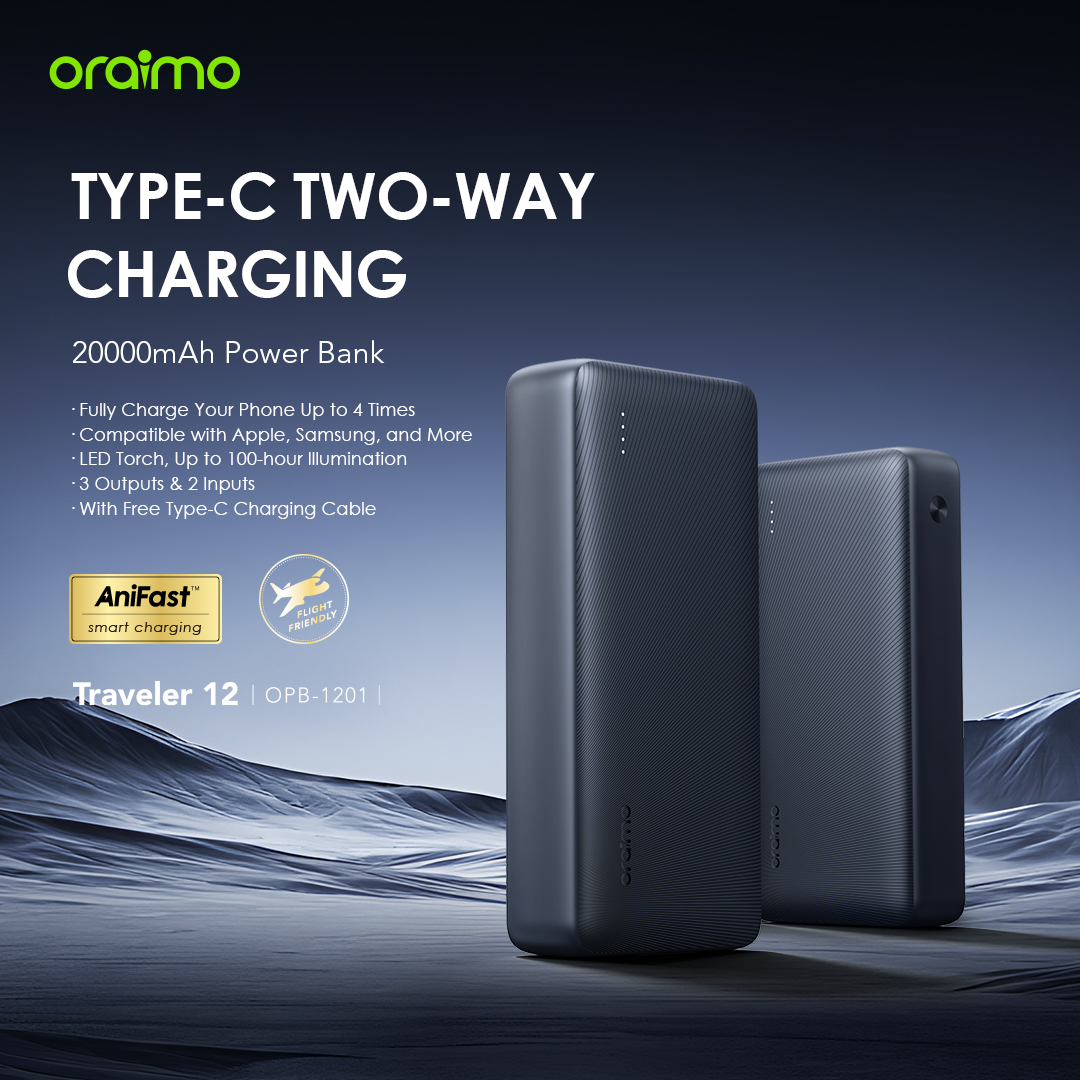 oraimo traveler 12 20000mah 12w fast charge type c 2 way power bank