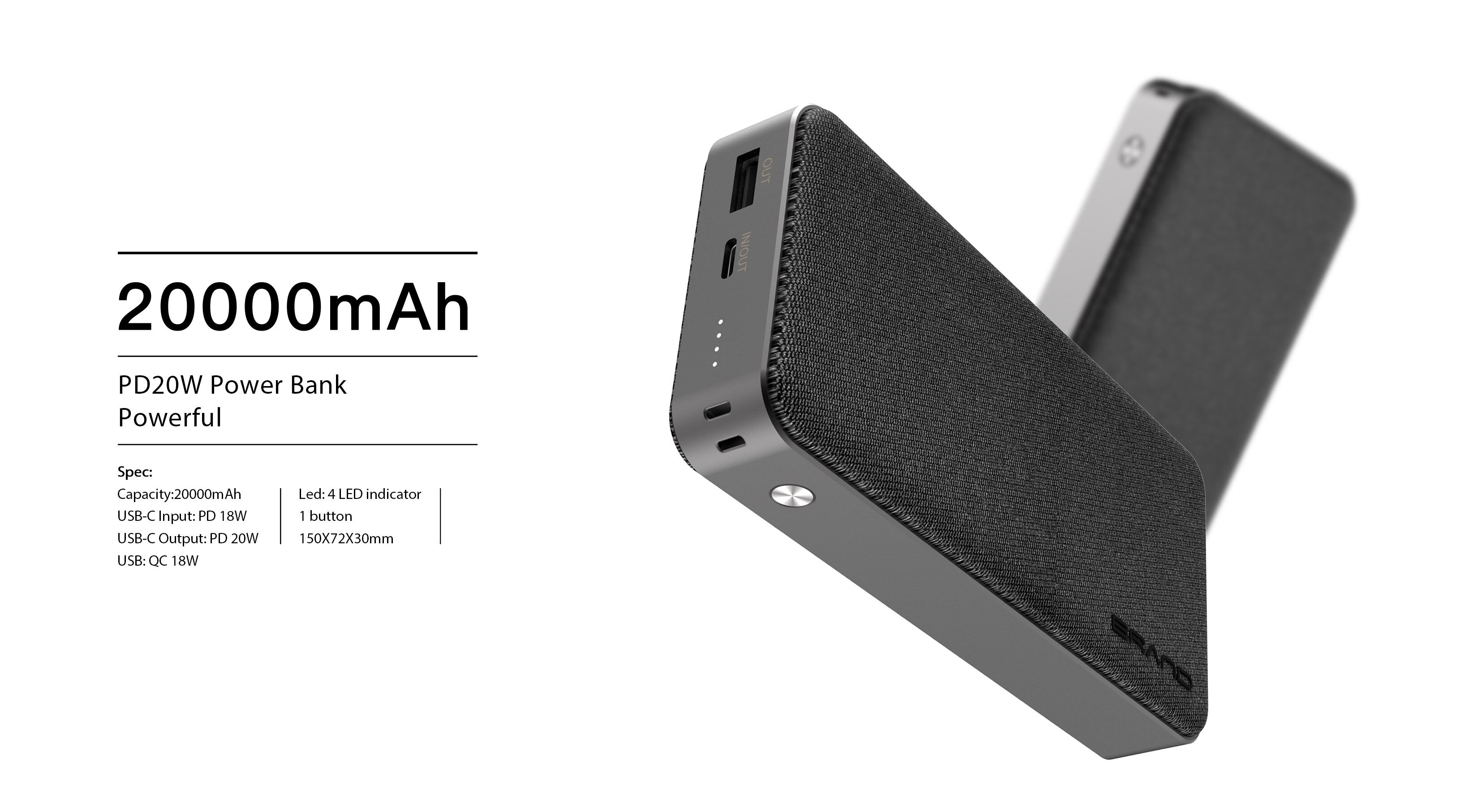 20000mah Pd 20w Portable Power Bank,usb/type C In & Out ,four Led